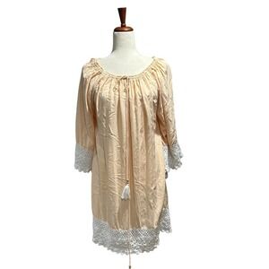 Fillyboo Dream Catcher Dress Medium in Peach Crochet Sleeves Boho Shift Midi (10